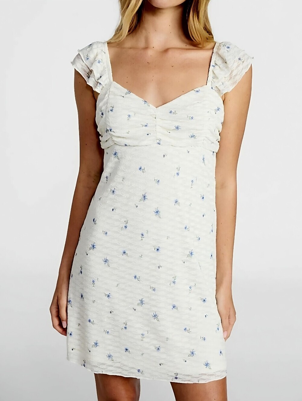 New Double Ruffle Ruched summer Lace Floral Mini Dress women's No Boundaries